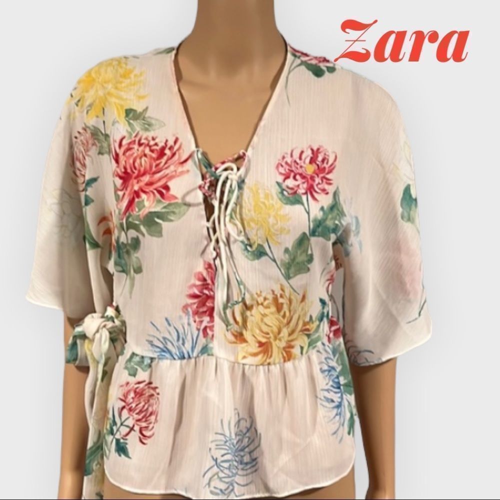 Zara lace front floral blouse with self tie